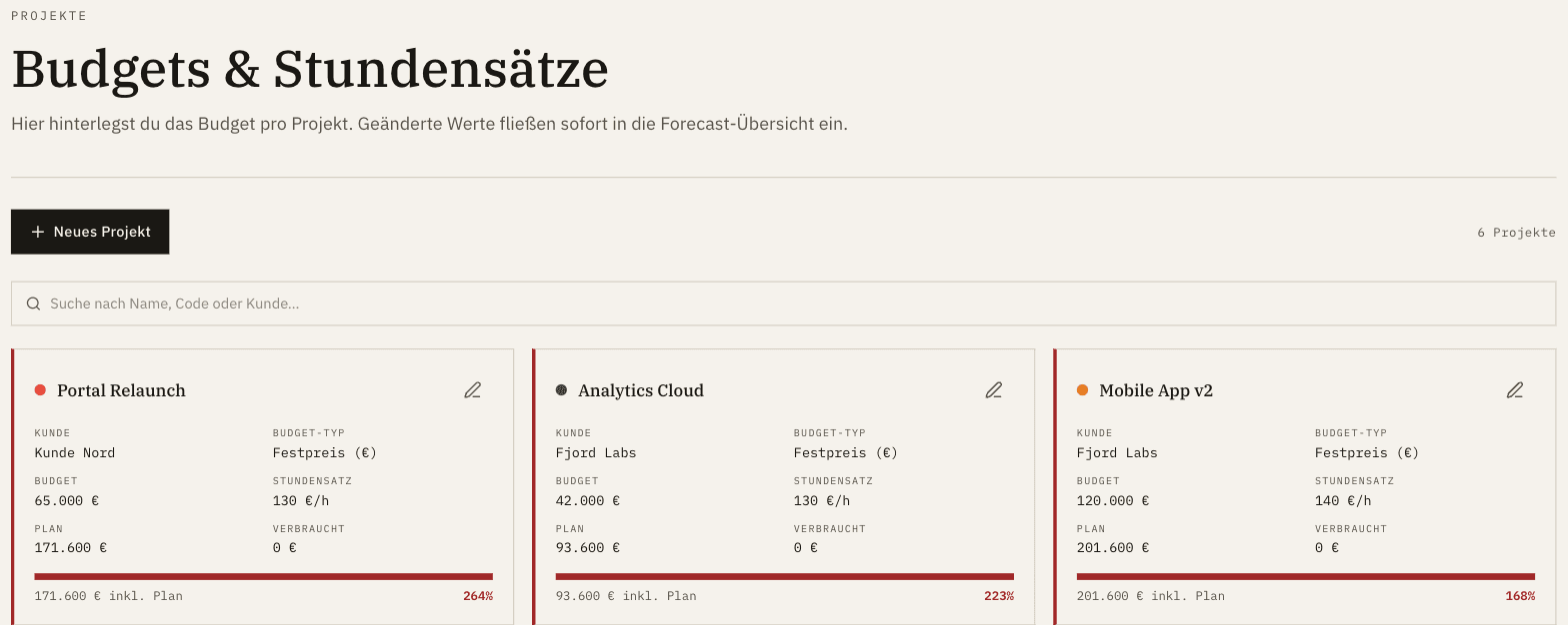 Projekt-Karten mit Budget-Art, Stundensatz, Plan, Verbrauch und Auslastung in Prozent